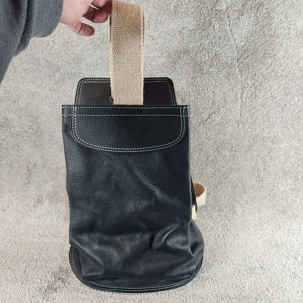 Sling Backpack Black Pebbled Leather‎ Canvas Strap Minimalist